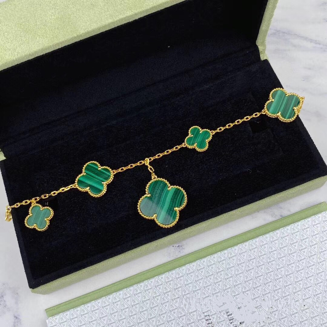 VCA MAGIC CLOVER MALACHITE GOLD BRACELET 5 MOTIFS