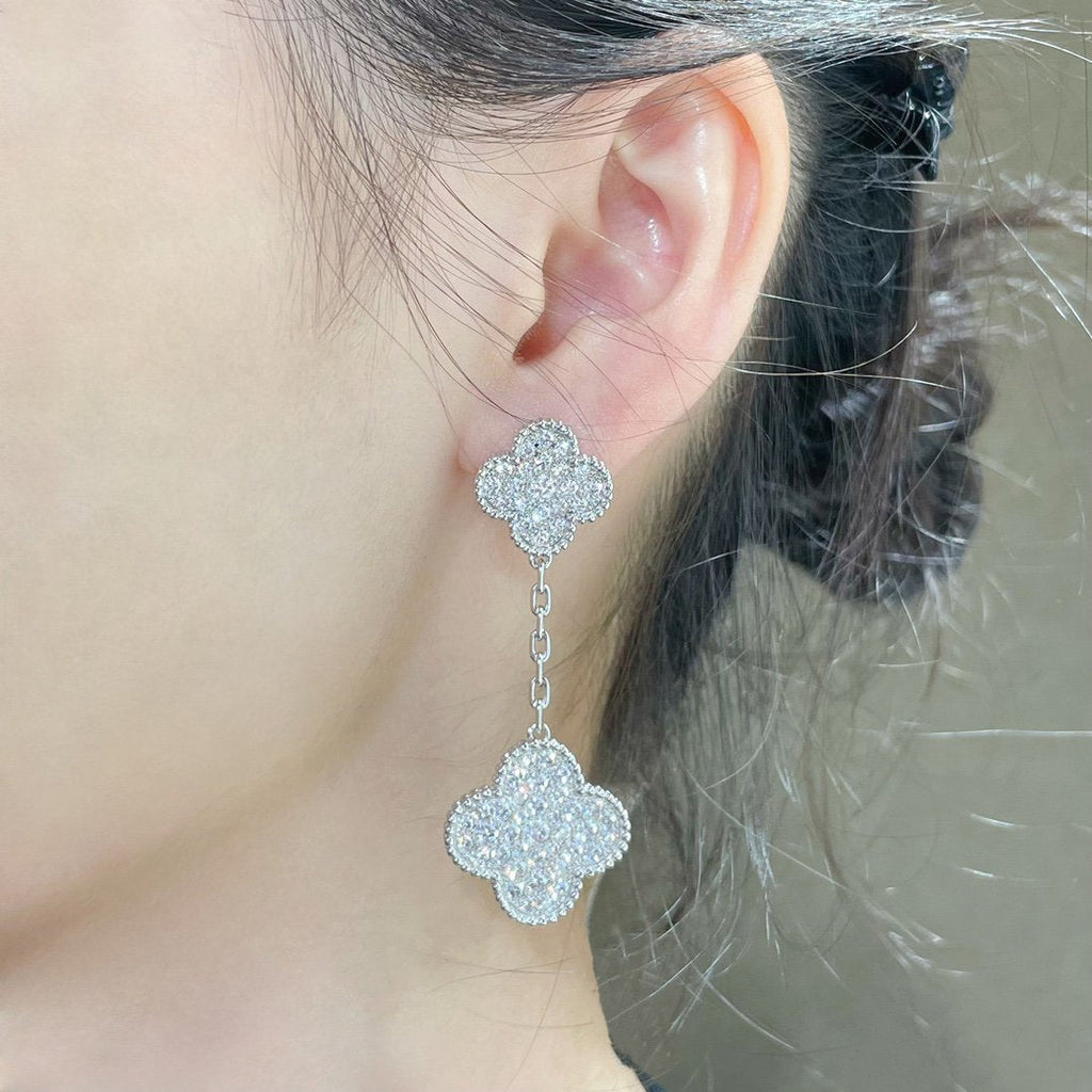 VCA CLOVER 2 MOTIFS DIAMOND PAVED SILVER EARRINGS