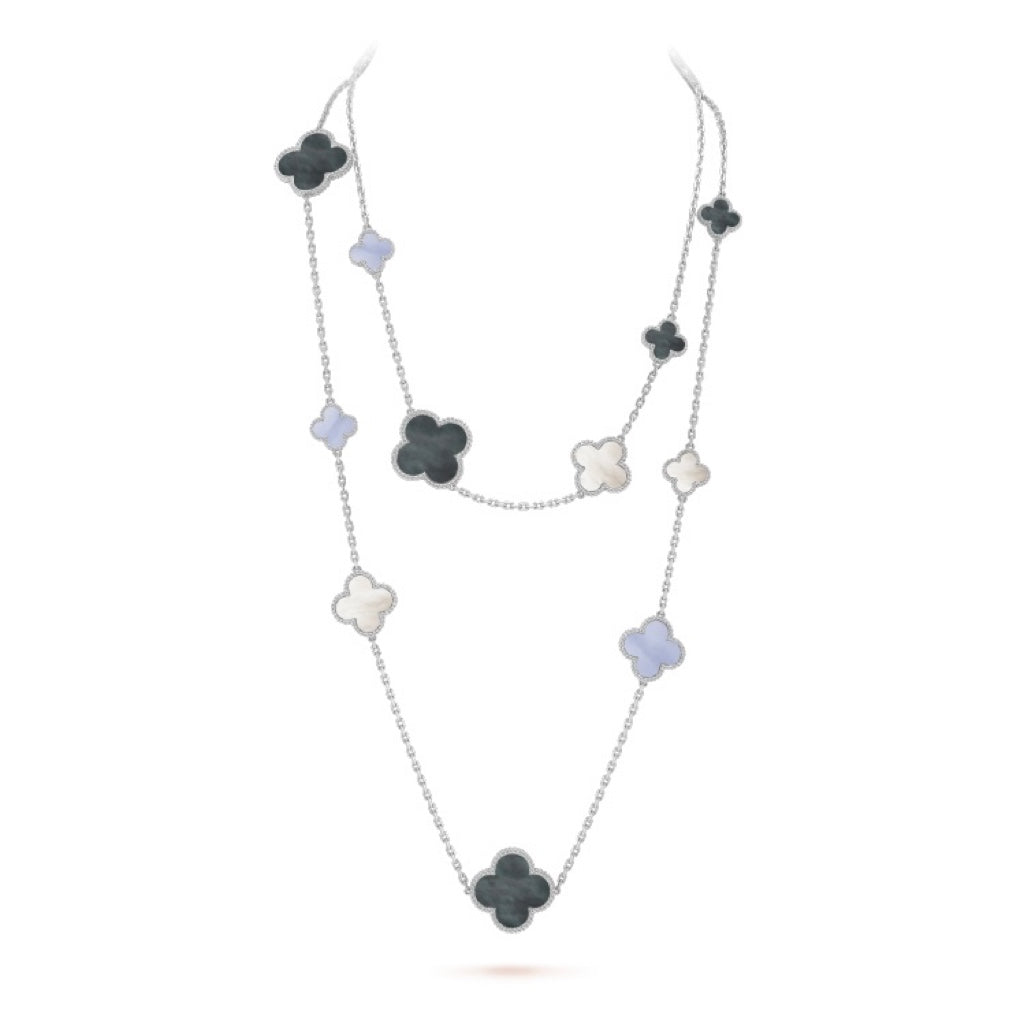 VCA CLOVER 16 MOTIF CHALCEDONY MOP SILVER NECKLACE