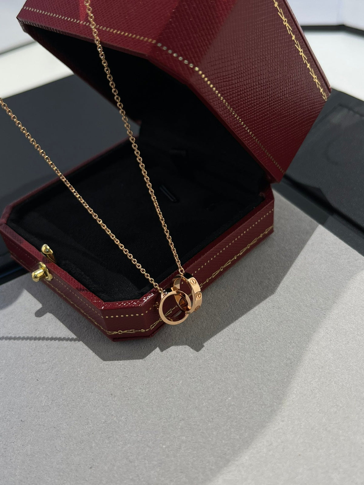 CARTIER LOVE NECKLACE DOUBLE RING PINK GOLD