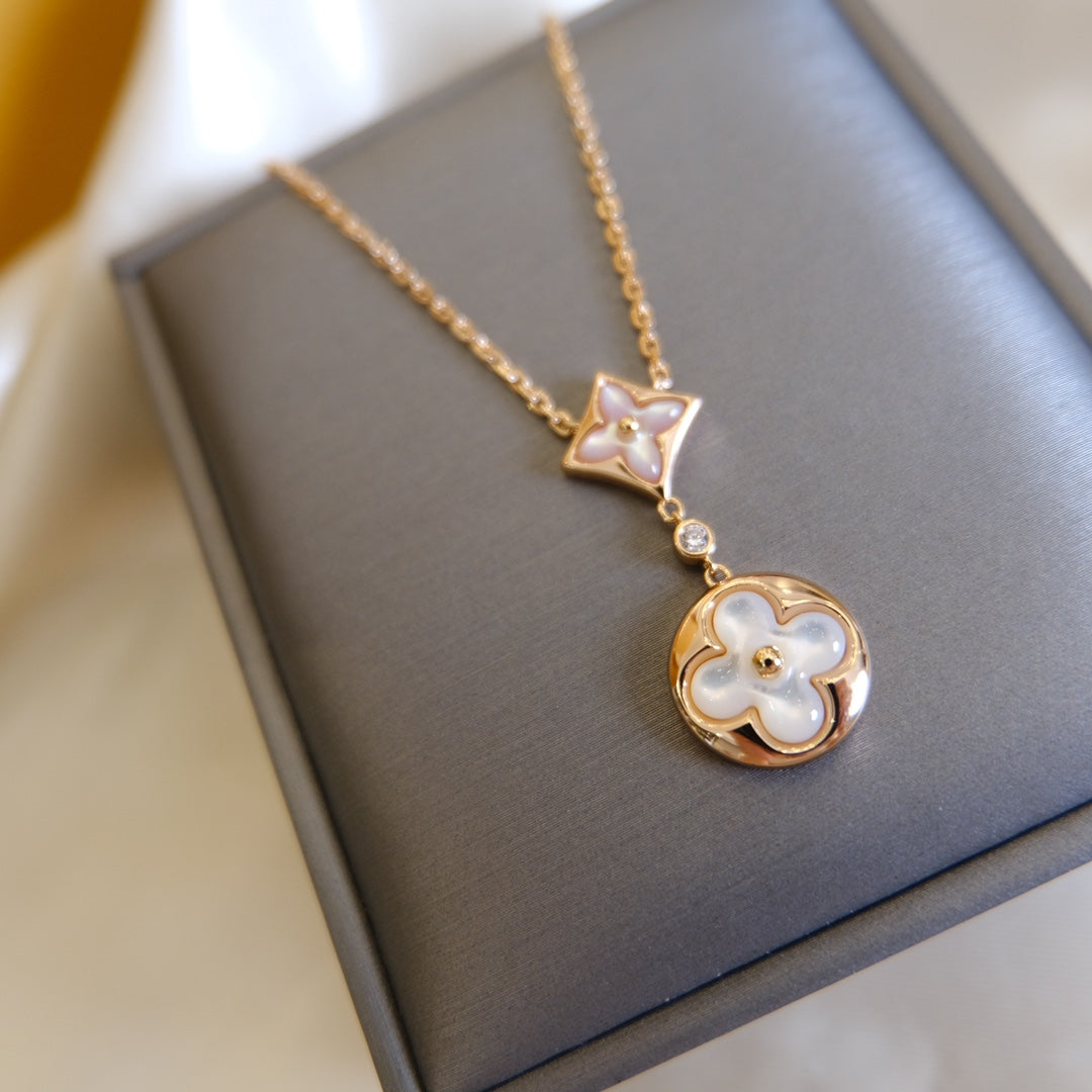 LOUIS VUITTON STAR AND SUN WHITE MOP 2 MOTIF PINK GOLD NECKLACE