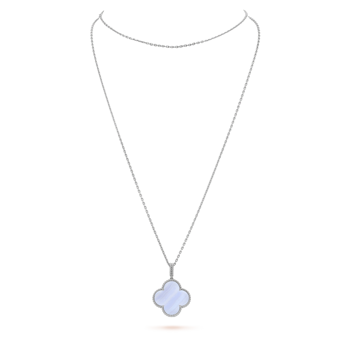 VCA CLOVER SILVER CHALCEDONY BIG CLOVER NECKLACE