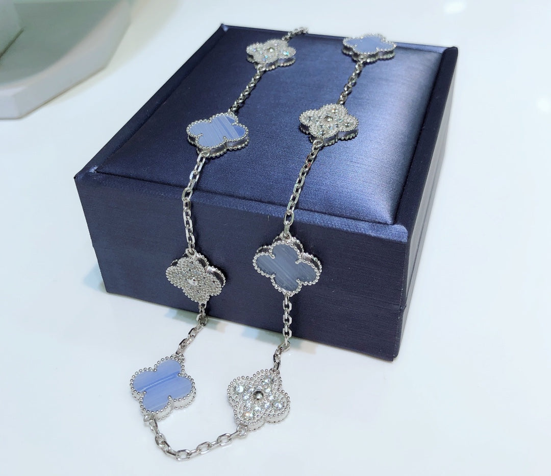 VCA CLOVER 10 MOTIFS CHALCEDONY DIAMONDS SILVER NECKLACE