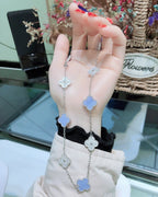 VCA CLOVER 10 MOTIFS CHALCEDONY DIAMONDS SILVER NECKLACE